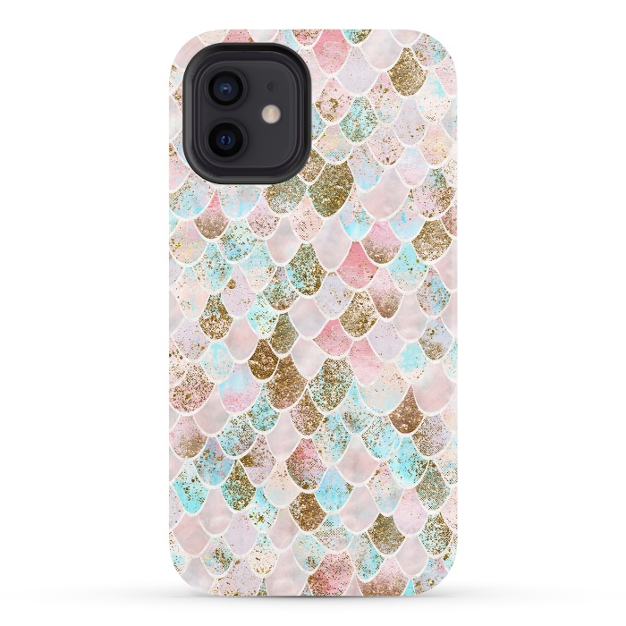 iPhone 12 StrongFit Wonky Watercolor Pink and Blue Mermaid Scales  by  Utart