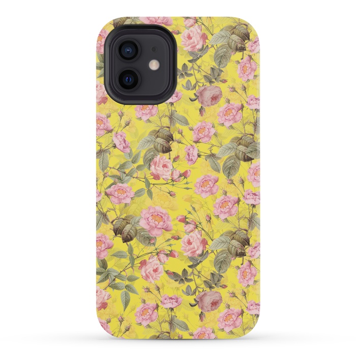 iPhone 12 mini StrongFit Pink English Roses on Yellow - Pattern by  Utart