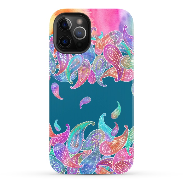 iPhone 12 Pro StrongFit Rainbow Paisley Rain on Blue by Micklyn Le Feuvre