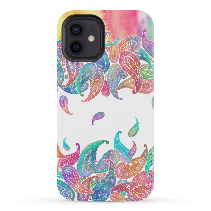 iPhone 12 mini StrongFit Rainbow Paisley Rain on White by Micklyn Le Feuvre