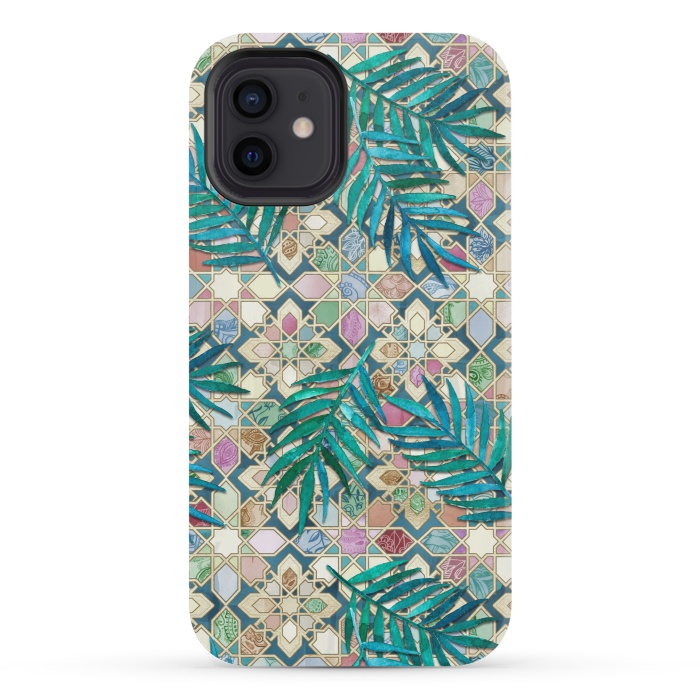 iPhone 12 mini StrongFit Muted Moroccan Mosaic Tiles with Palm Leaves by Micklyn Le Feuvre