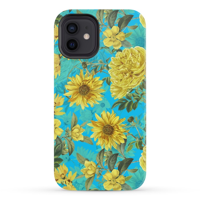 iPhone 12 mini StrongFit Sunflowers and Yellow Roses on Teal Pattern by  Utart