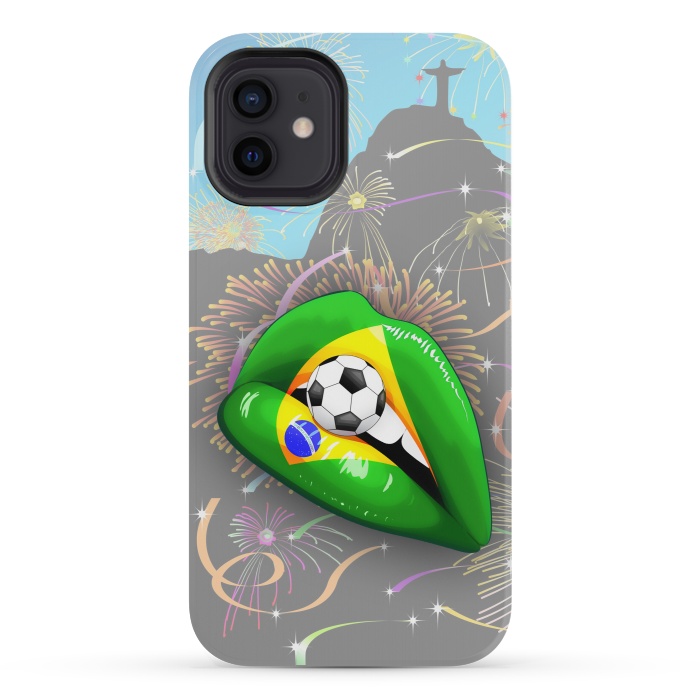 iPhone 12 mini StrongFit  Brazil Flag Lipstick Soccer Supporters on Sensual Woman's Lips by BluedarkArt