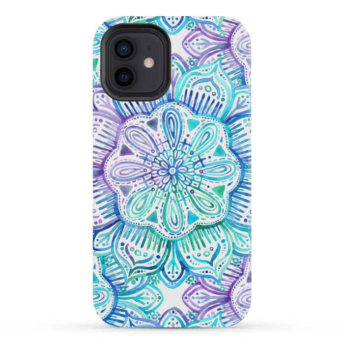 iPhone 12 mini StrongFit Iridescent Aqua and Purple Watercolor Mandala by Micklyn Le Feuvre
