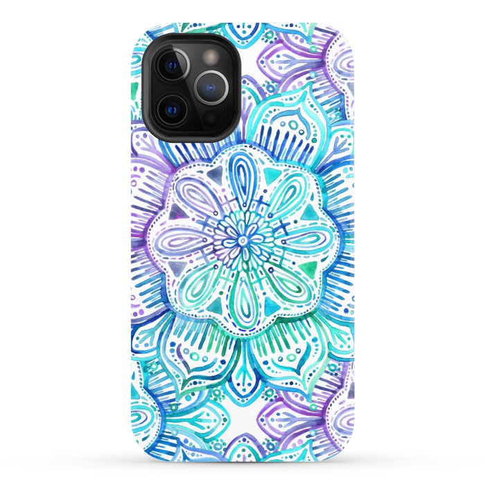 iPhone 12 Pro StrongFit Iridescent Aqua and Purple Watercolor Mandala by Micklyn Le Feuvre