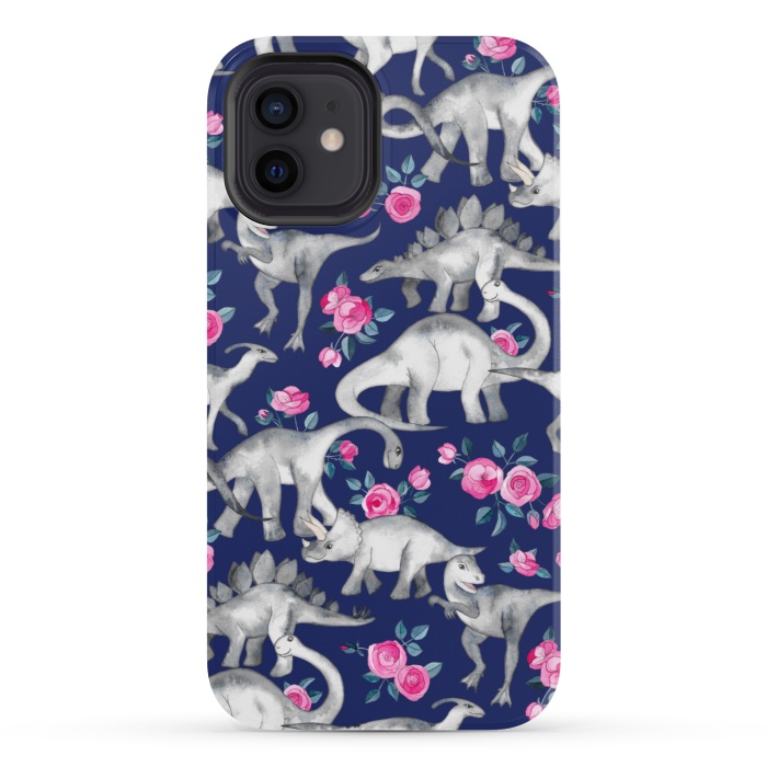 iPhone 12 StrongFit Dinosaurs and Roses on Dark Blue Purple by Micklyn Le Feuvre