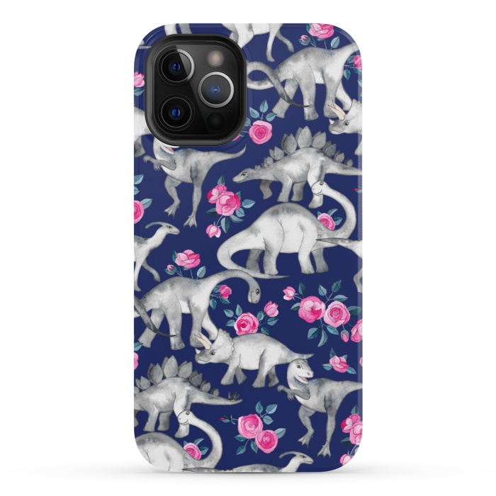 iPhone 12 Pro StrongFit Dinosaurs and Roses on Dark Blue Purple by Micklyn Le Feuvre