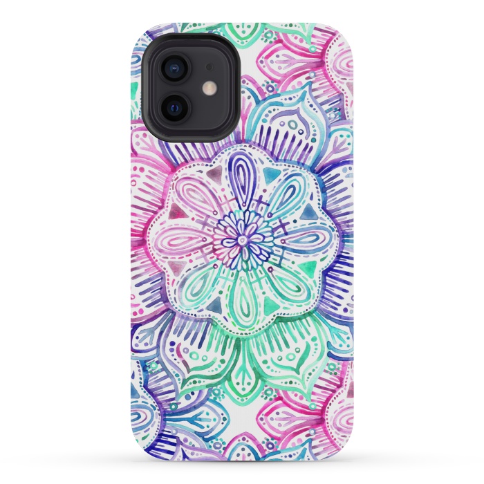 iPhone 12 mini StrongFit Watercolor Mandala in Mint, Magenta and Purple by Micklyn Le Feuvre