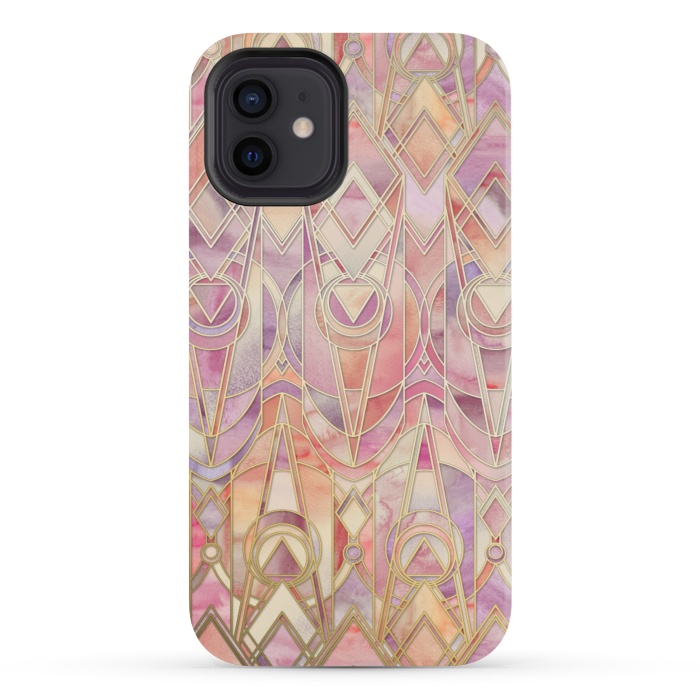 iPhone 12 mini StrongFit Glowing Coral and Amethyst Art Deco Pattern by Micklyn Le Feuvre