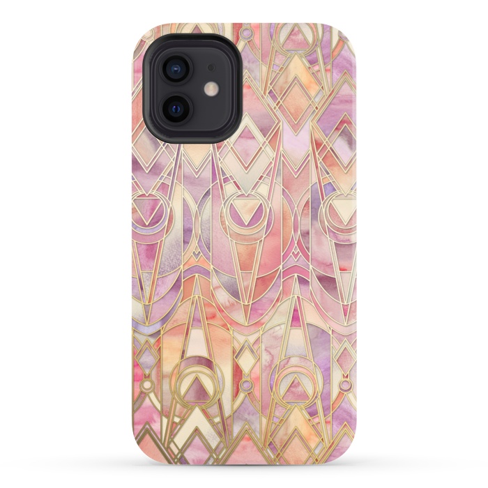 iPhone 12 StrongFit Glowing Coral and Amethyst Art Deco Pattern by Micklyn Le Feuvre