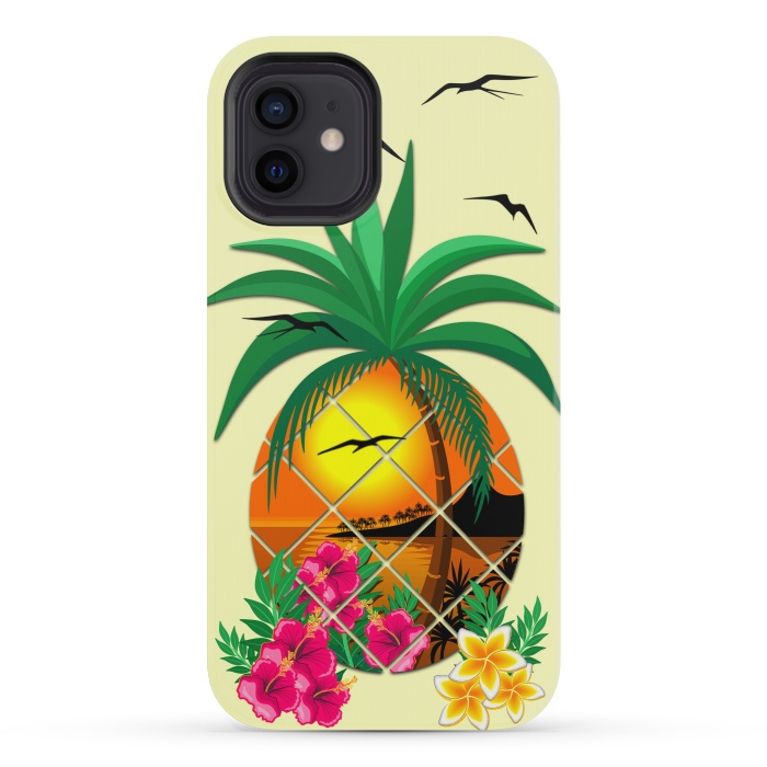 iPhone 12 mini StrongFit Pineapple Tropical Sunset, Palm Tree and Flowers by BluedarkArt