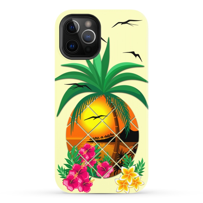 iPhone 12 Pro StrongFit Pineapple Tropical Sunset, Palm Tree and Flowers by BluedarkArt