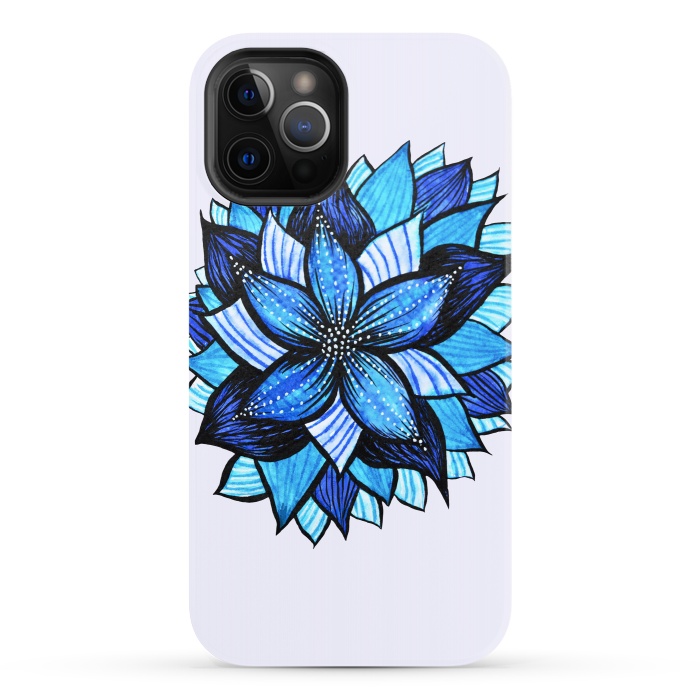 iPhone 12 Pro StrongFit Beautiful Abstract Hand Drawn Zentangle Blue Flower by Boriana Giormova