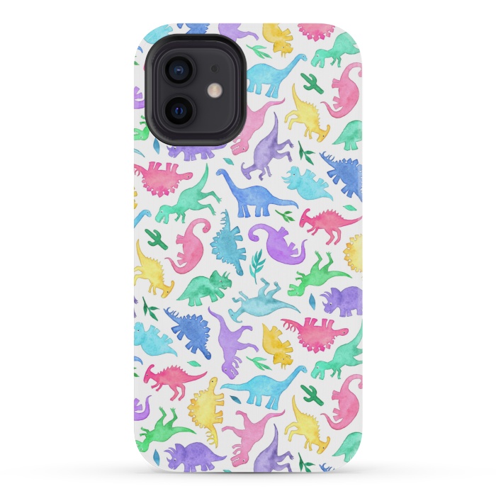 iPhone 12 mini StrongFit Ditsy Dinos in Bright Pastels on White by Micklyn Le Feuvre