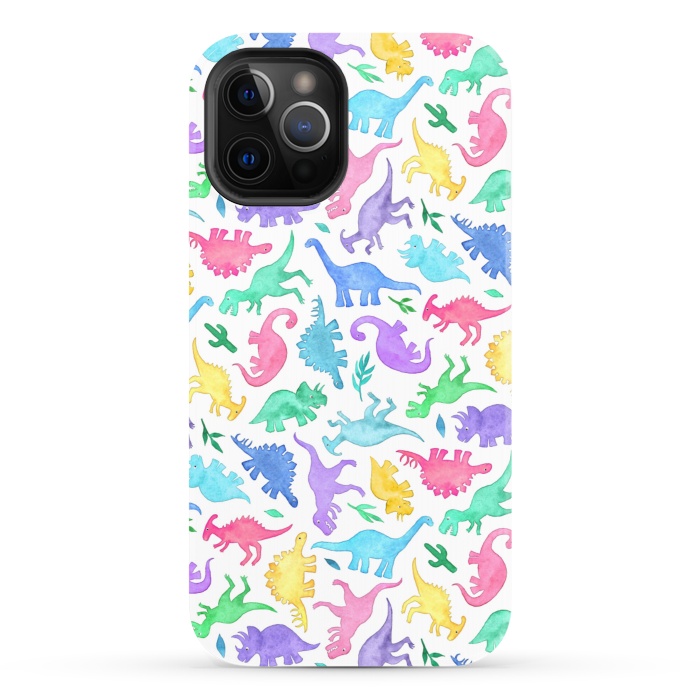 iPhone 12 Pro StrongFit Ditsy Dinos in Bright Pastels on White by Micklyn Le Feuvre