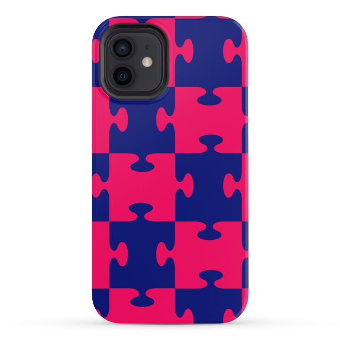iPhone 12 mini StrongFit jigsaw blue pink by MALLIKA