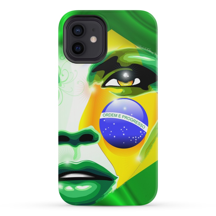 iPhone 12 mini StrongFit Brazil Flag Colors on Beautiful Girl Portrait by BluedarkArt