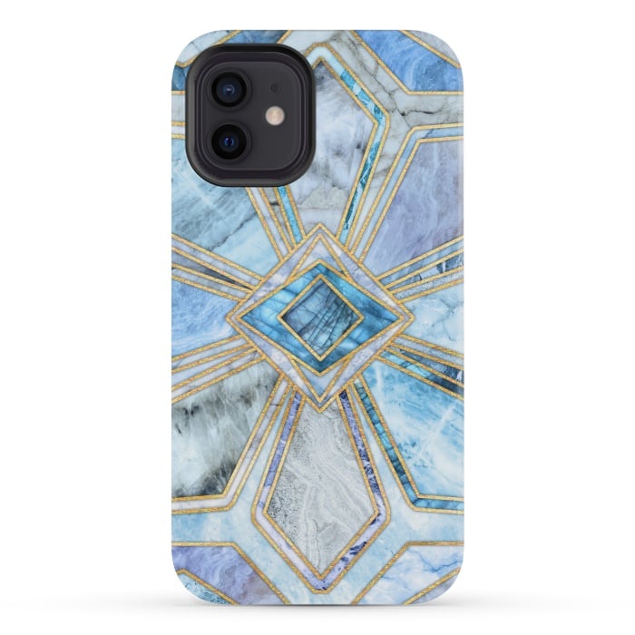 iPhone 12 mini StrongFit Geometric Gilded Stone Tiles in Soft Blues by Micklyn Le Feuvre