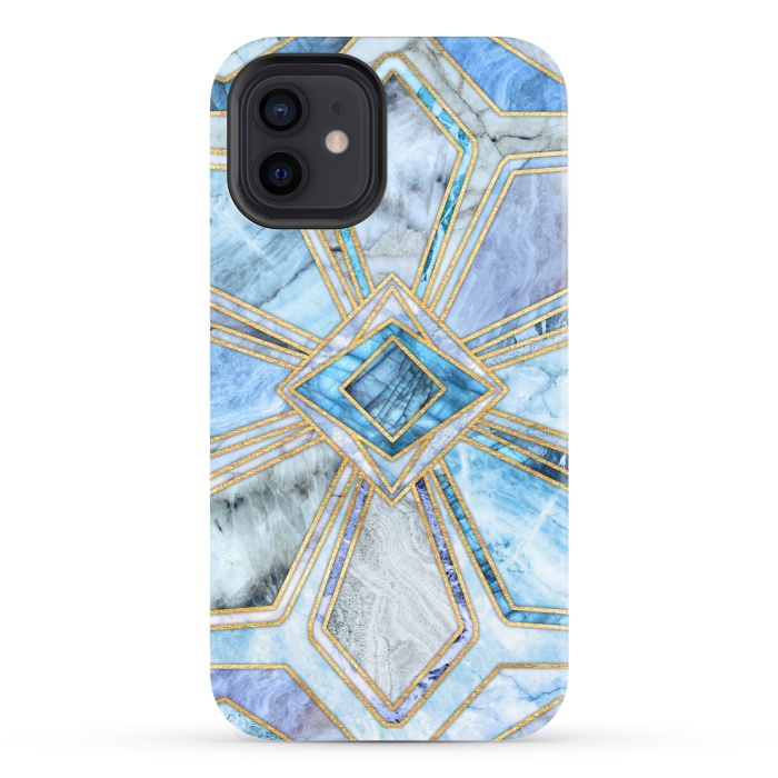 iPhone 12 StrongFit Geometric Gilded Stone Tiles in Soft Blues by Micklyn Le Feuvre