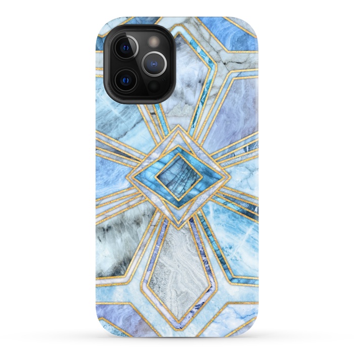 iPhone 12 Pro StrongFit Geometric Gilded Stone Tiles in Soft Blues by Micklyn Le Feuvre