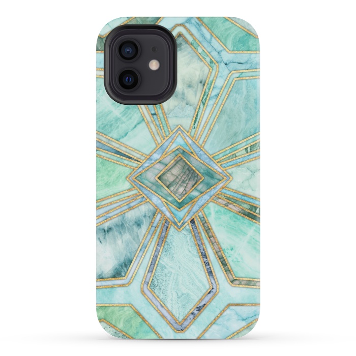 iPhone 12 mini StrongFit Geometric Gilded Stone Tiles in Mint and Jade Green by Micklyn Le Feuvre