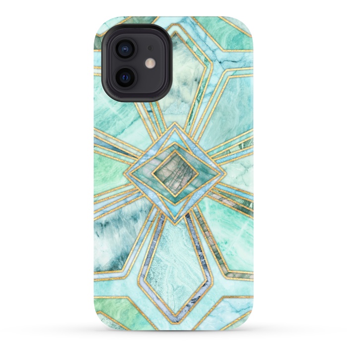 iPhone 12 StrongFit Geometric Gilded Stone Tiles in Mint and Jade Green by Micklyn Le Feuvre