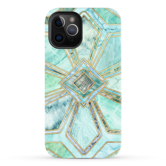 iPhone 12 Pro StrongFit Geometric Gilded Stone Tiles in Mint and Jade Green by Micklyn Le Feuvre