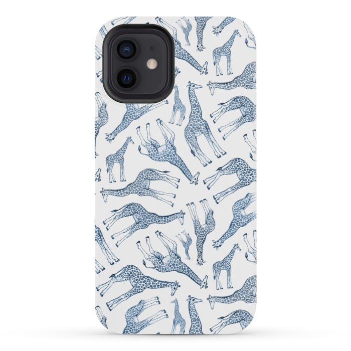 iPhone 12 mini StrongFit Little Giraffes in Monochrome Blue and White by Micklyn Le Feuvre