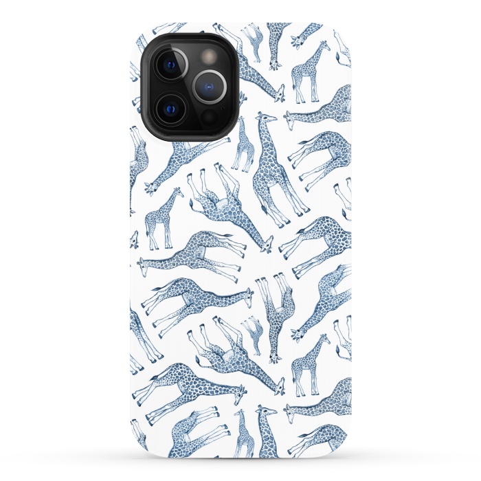 iPhone 12 Pro StrongFit Little Giraffes in Monochrome Blue and White by Micklyn Le Feuvre