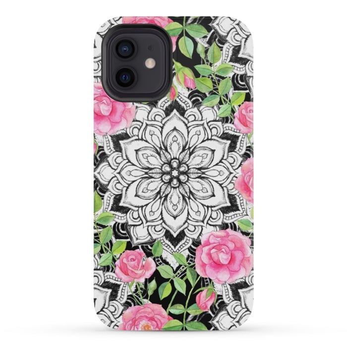 iPhone 12 mini StrongFit Peach Pink Roses and Mandalas on Black and White Lace by Micklyn Le Feuvre