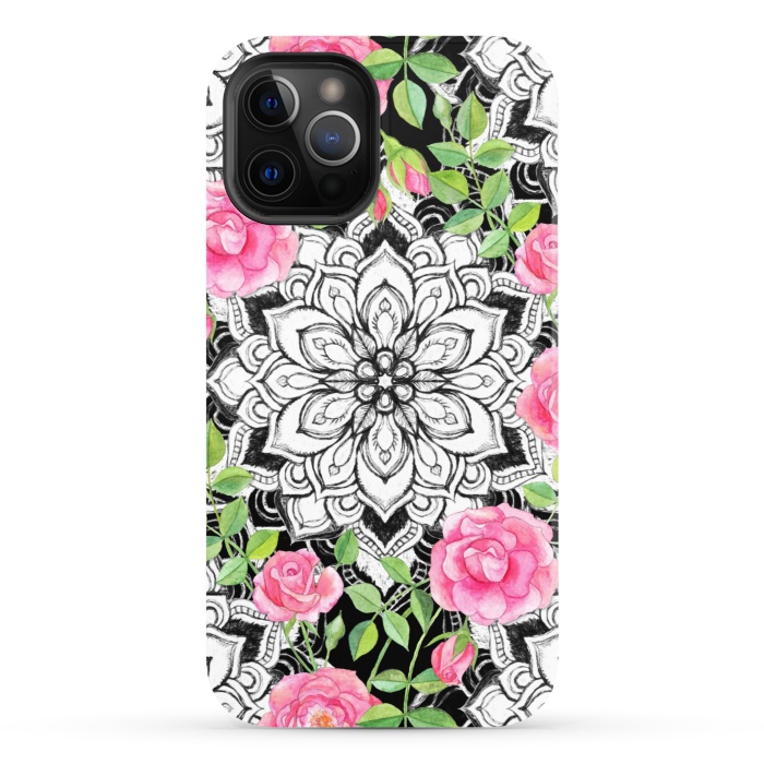 iPhone 12 Pro StrongFit Peach Pink Roses and Mandalas on Black and White Lace by Micklyn Le Feuvre