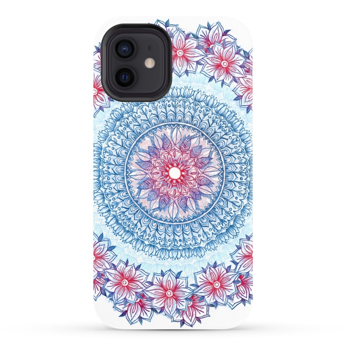 iPhone 12 StrongFit Red, White and Blue Floral Mandala by Micklyn Le Feuvre