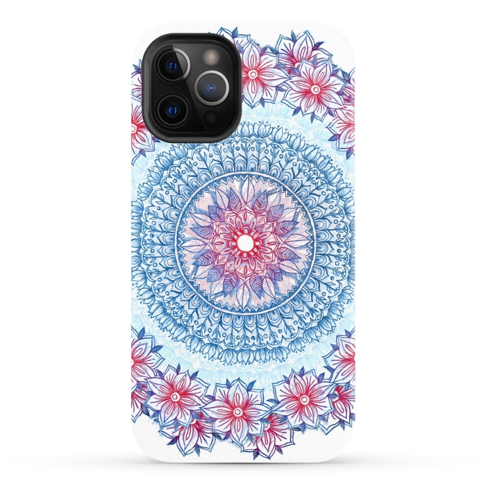 iPhone 12 Pro StrongFit Red, White and Blue Floral Mandala by Micklyn Le Feuvre