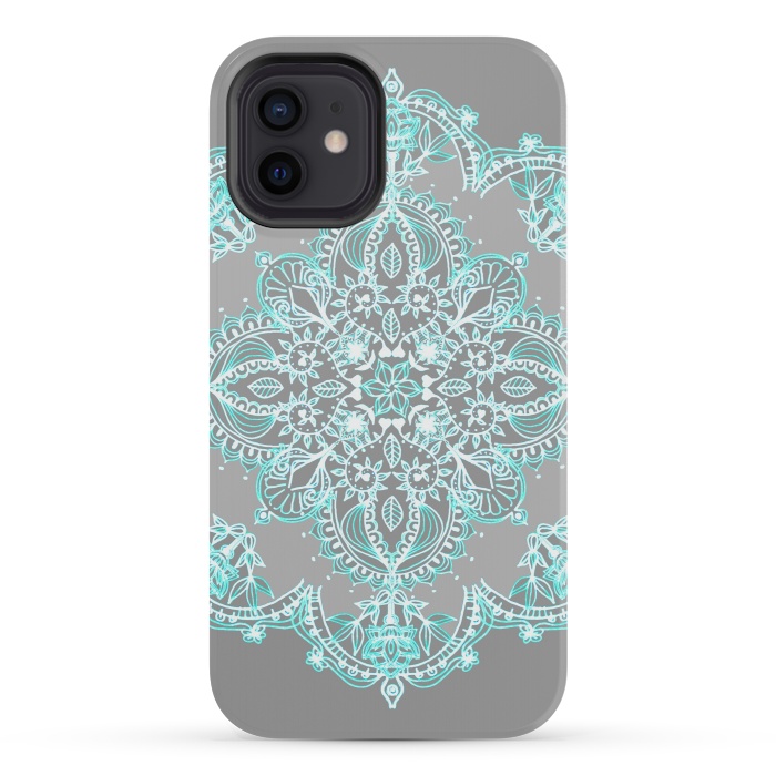 iPhone 12 mini StrongFit Teal and Aqua Lace Mandala on Grey  by Micklyn Le Feuvre