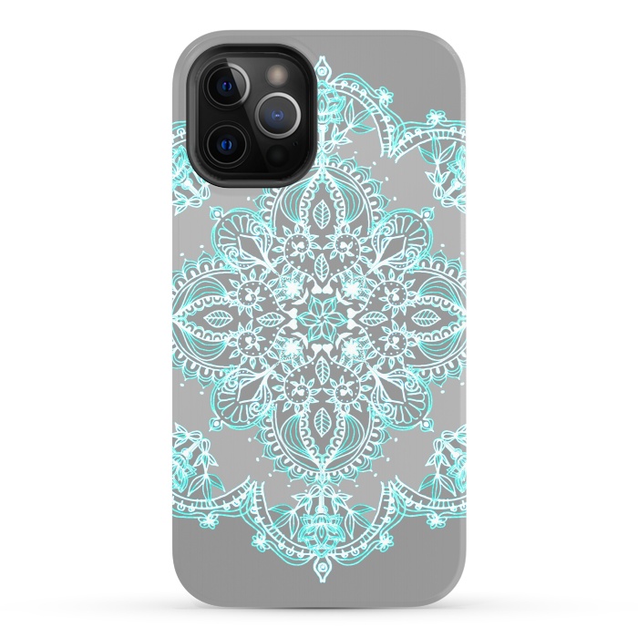 iPhone 12 Pro StrongFit Teal and Aqua Lace Mandala on Grey  by Micklyn Le Feuvre
