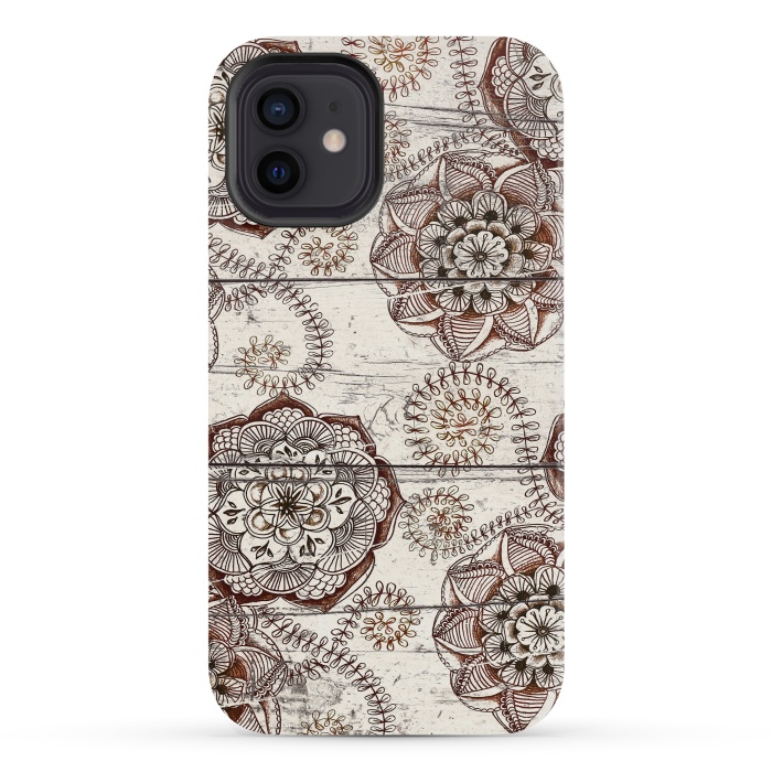 iPhone 12 mini StrongFit Coffee & Cocoa - brown & cream floral doodles on wood by Micklyn Le Feuvre