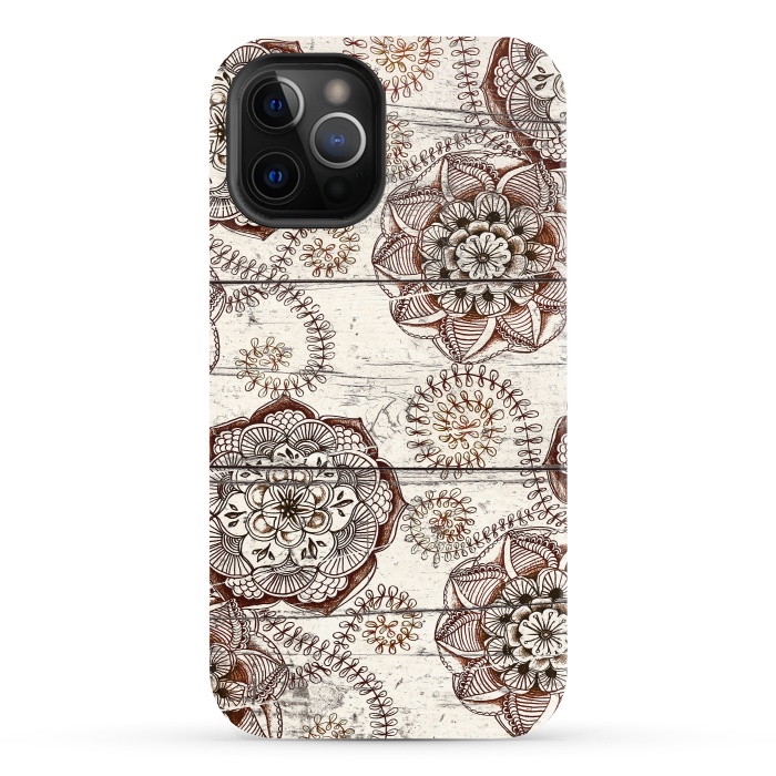 iPhone 12 Pro StrongFit Coffee & Cocoa - brown & cream floral doodles on wood by Micklyn Le Feuvre