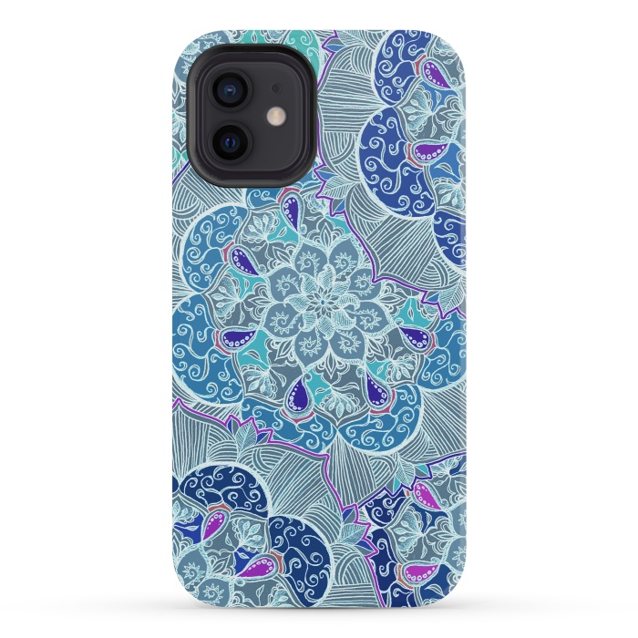 iPhone 12 mini StrongFit Fresh Doodle in Teal Blue, Purple and Grey by Micklyn Le Feuvre