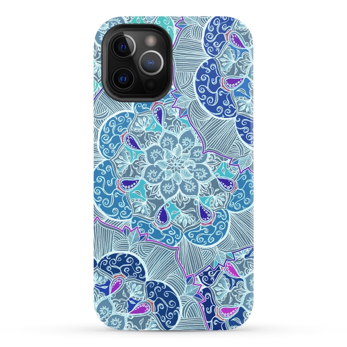 iPhone 12 Pro StrongFit Fresh Doodle in Teal Blue, Purple and Grey by Micklyn Le Feuvre
