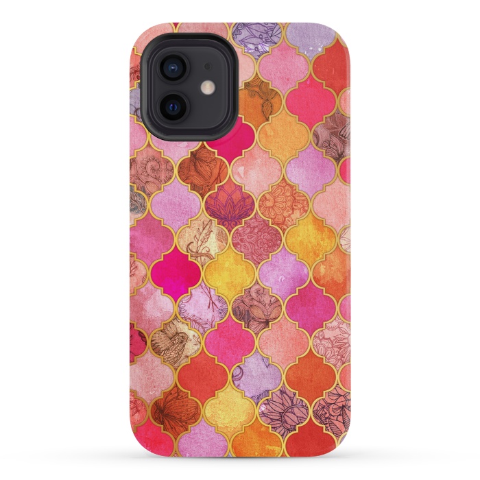 iPhone 12 mini StrongFit Hot Pink, Gold, Tangerine & Taupe Decorative Moroccan Tile Pattern by Micklyn Le Feuvre