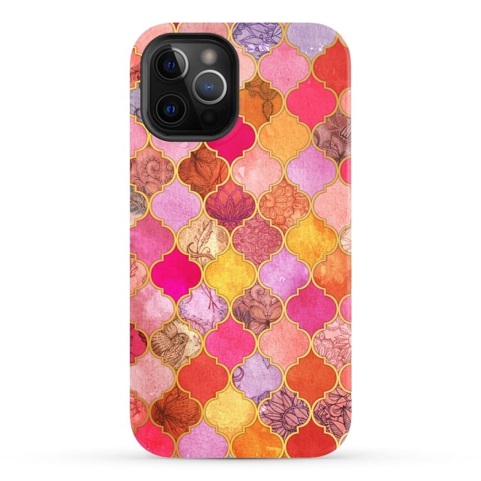 iPhone 12 Pro StrongFit Hot Pink, Gold, Tangerine & Taupe Decorative Moroccan Tile Pattern by Micklyn Le Feuvre