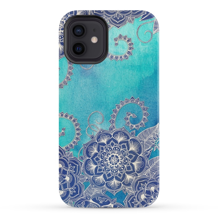 iPhone 12 StrongFit Mermaid's Garden - Navy & Teal Floral on Watercolor by Micklyn Le Feuvre