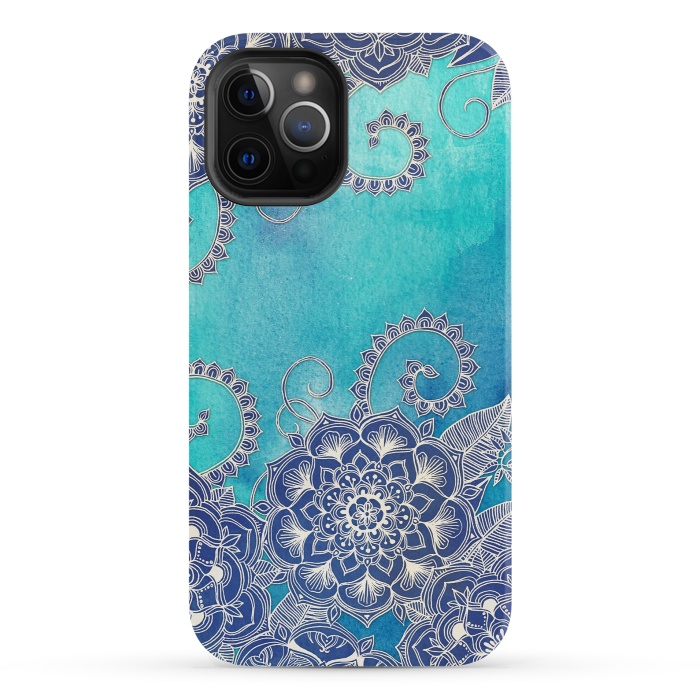 iPhone 12 Pro StrongFit Mermaid's Garden - Navy & Teal Floral on Watercolor by Micklyn Le Feuvre