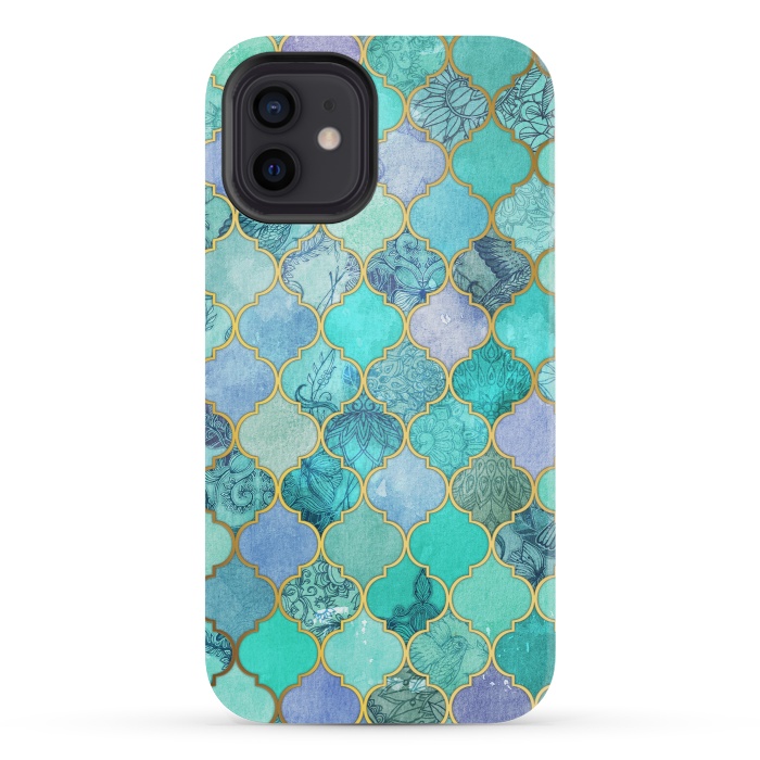 iPhone 12 mini StrongFit Cool Jade Icy Mint Decorative Moroccan Tile Pattern by Micklyn Le Feuvre