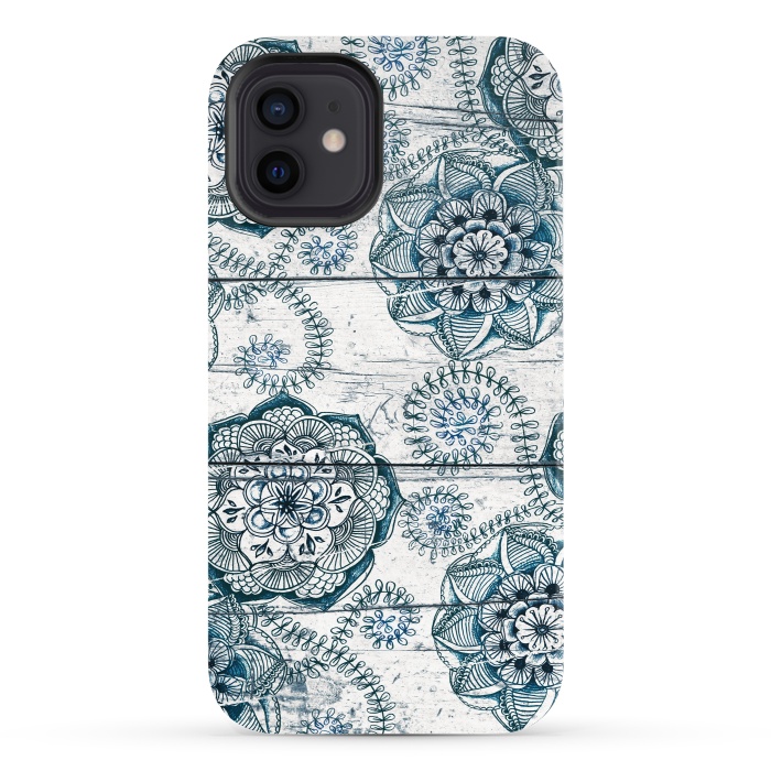 iPhone 12 StrongFit Navy Blue Floral Doodles on Wood by Micklyn Le Feuvre