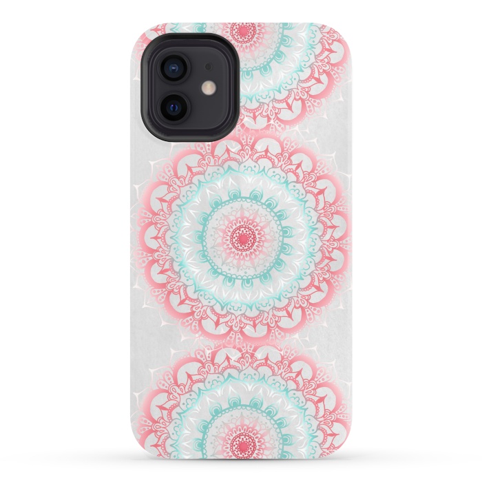iPhone 12 StrongFit Faded Coral & Mint Mandalas on Grey by Tangerine-Tane