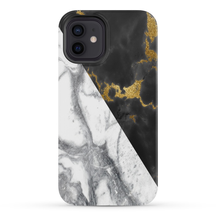 iPhone 12 mini StrongFit Marble Black White Gold Geometric by Alemi