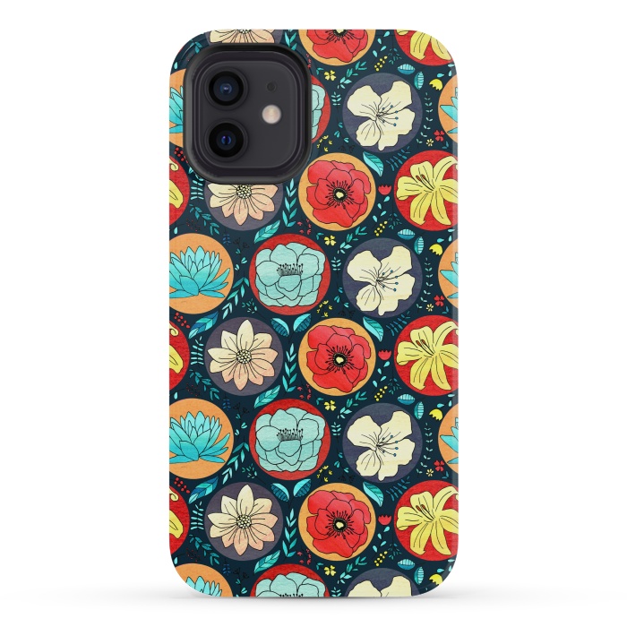 iPhone 12 mini StrongFit Navy Polka Dot Floral  by Tigatiga