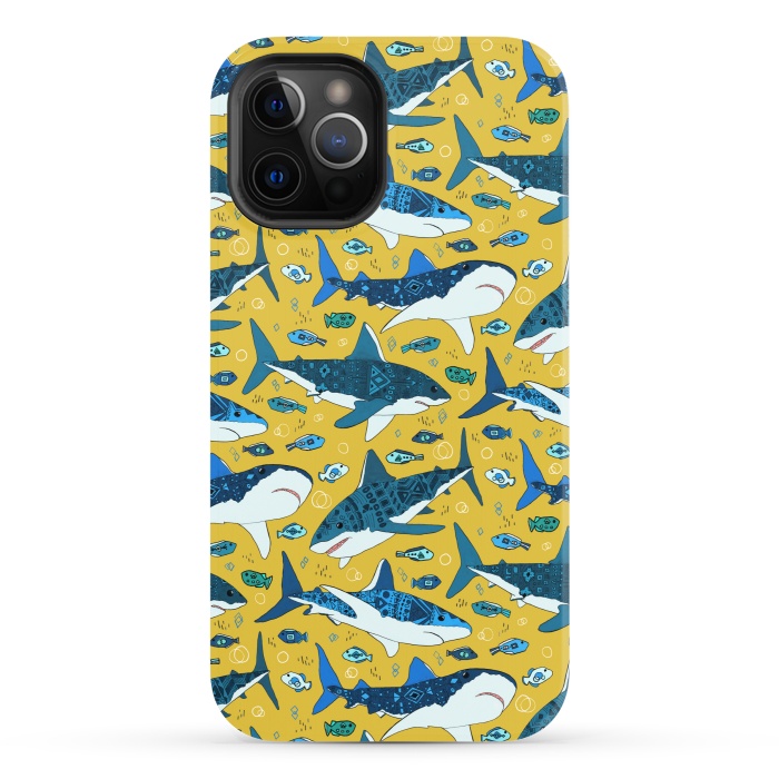 iPhone 12 Pro StrongFit Tribal Sharks & Fish On Mustard by Tigatiga