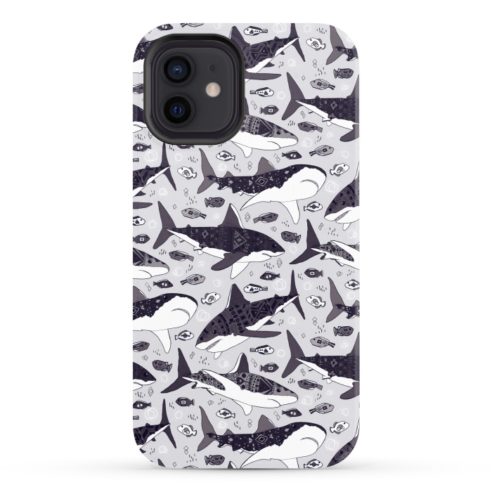 iPhone 12 StrongFit Black & White Tribal Sharks & Fish  by Tigatiga
